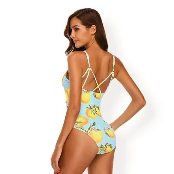 Lemon Print One-Piece Swimsuit Small Like New Blue Yellow Green - Picture 4 of 16